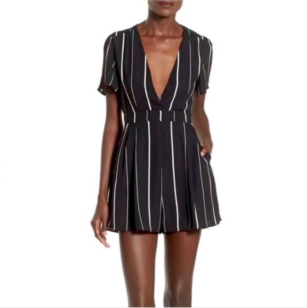 Astr The Label Black & White Stripe Plunge Romper